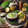 Baked fish with lemon wedges and a bowl of creamy herb dip on a wooden table.