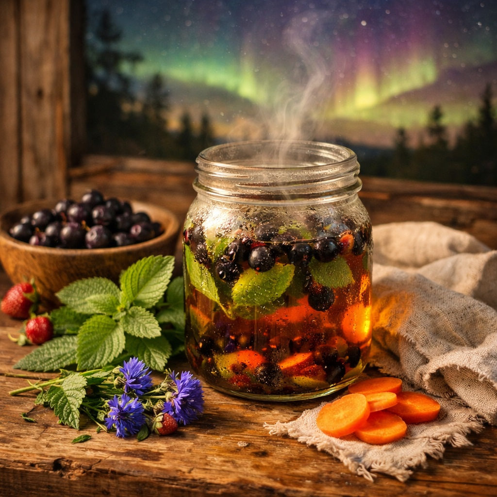 Jar of Living Sky herbal tea with Northern Lights in the background