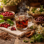 Steaming mug of lower the pressure herbal tea with spices and flowers on a wooden table