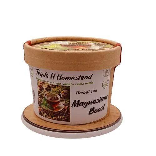 Container of Triple H Homestead Herbal Tea with a label on a white background