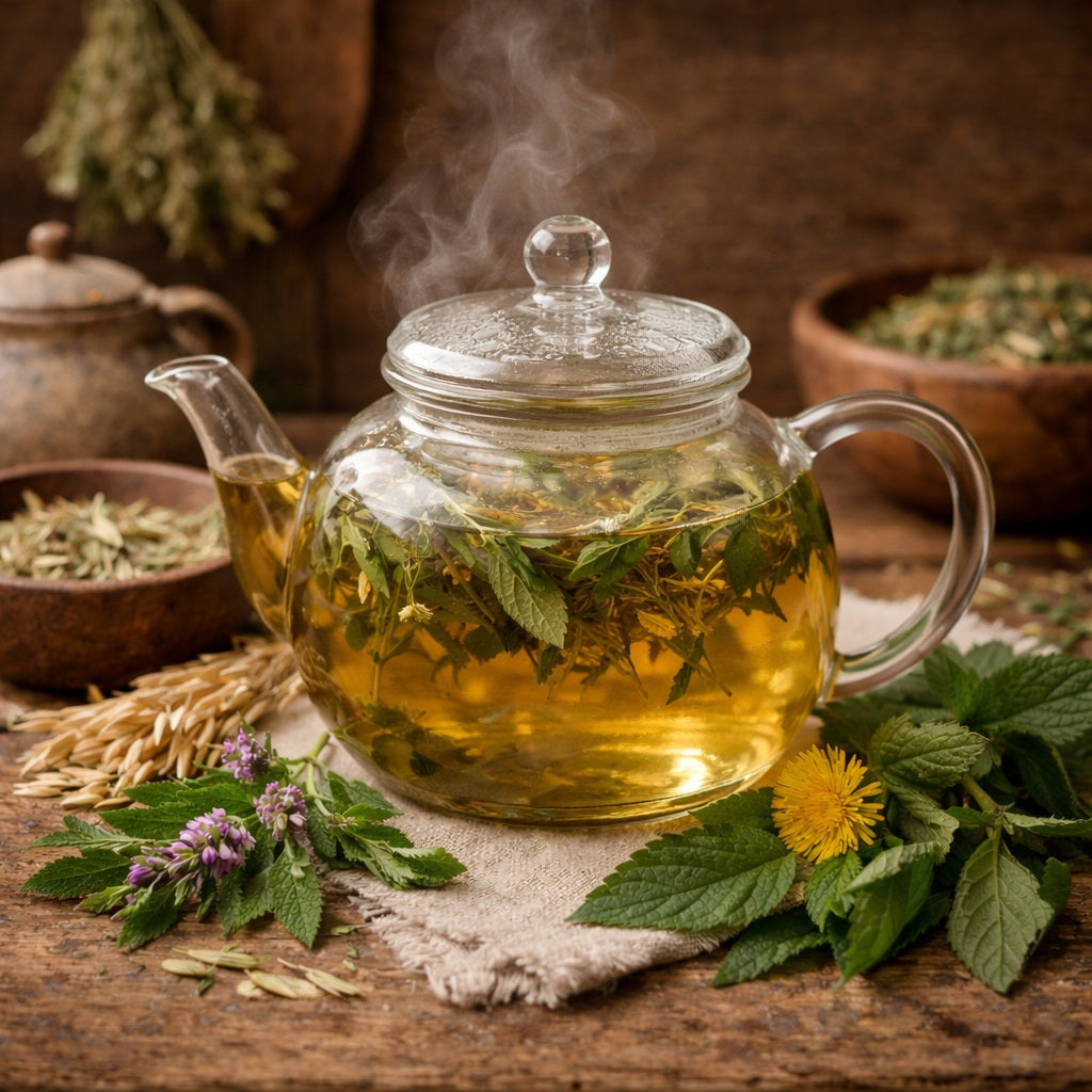Steaming glass teapot filled with herbal Magnesium Boost tea on a wooden surface with herbs and a teapot in the background.