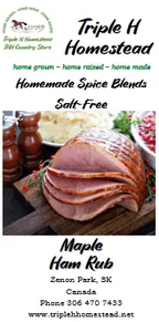 Advertisement for Triple H Homestead spice blends with a ham and maple syrup on a wooden board.