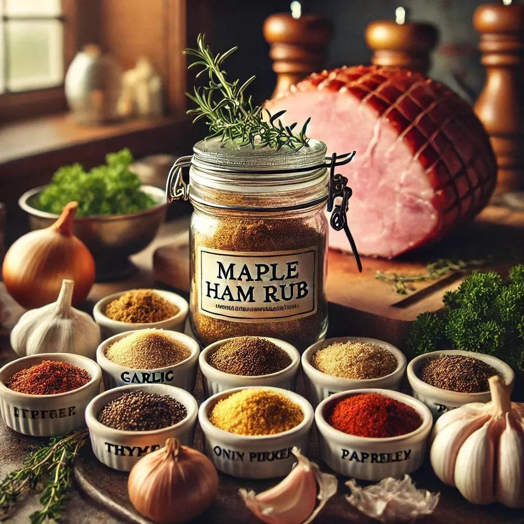 Maple ham rub in a jar surrounded by spices and a ham on a wooden table.