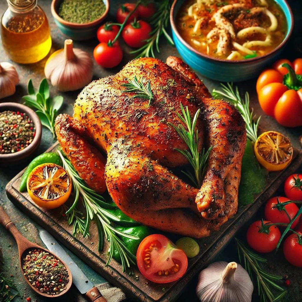 Roasted chicken with herbs and vegetables on a rustic background