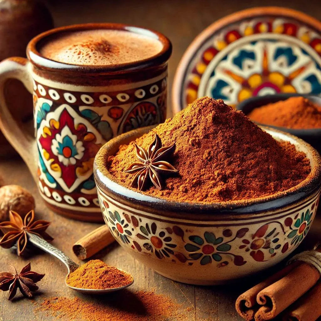 Bowl of spices with a colorful mug and decorative plate in the background