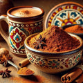 Bowl of spices with a colorful mug and decorative plate in the background