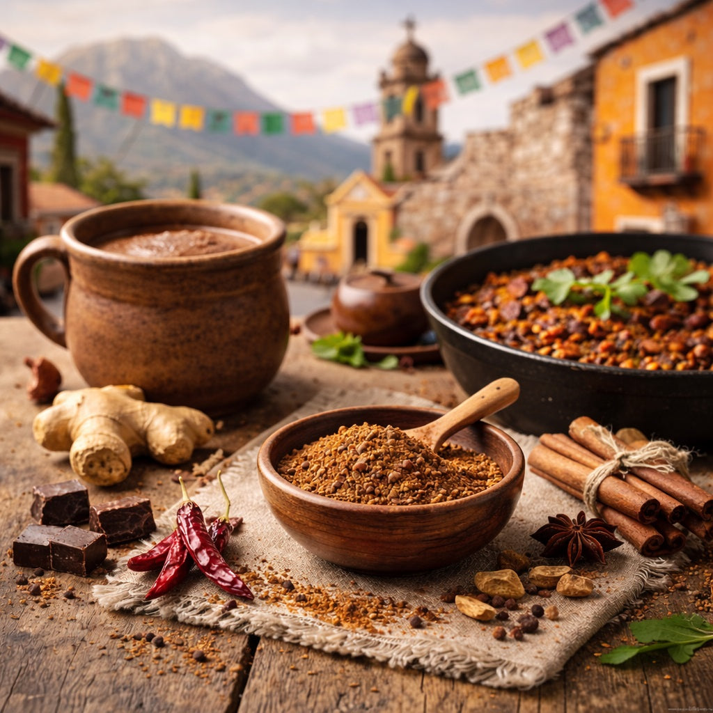Mexican Chocolate Spice in a wooden bowl, a cup of hot chocolate and a chili dish on a rustic wooden table with a scenic exican background