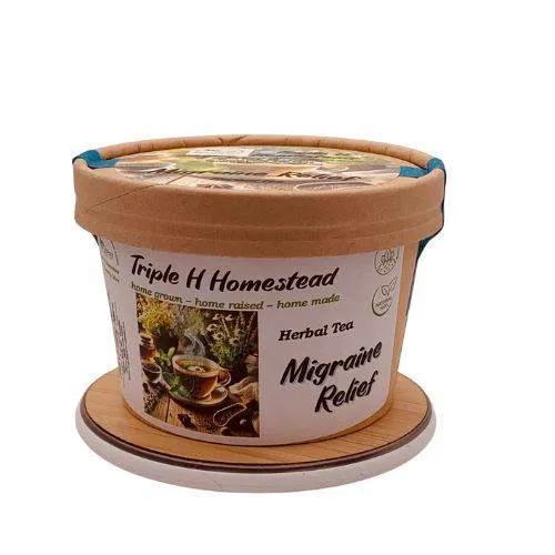 Container of Triple H Homestead Herbal Tea for Migraine Relief on a white background
