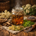 Glass jar of Migraine Relief herbal tea with steam, surrounded by dried herbs and flowers on a wooden surface.