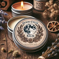 Moon Cycle Balm tin with a lit candle on a wooden surface with dried herbs and flowers.