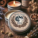 Moon Cycle Balm tin with a lit candle on a wooden surface with dried herbs and flowers.