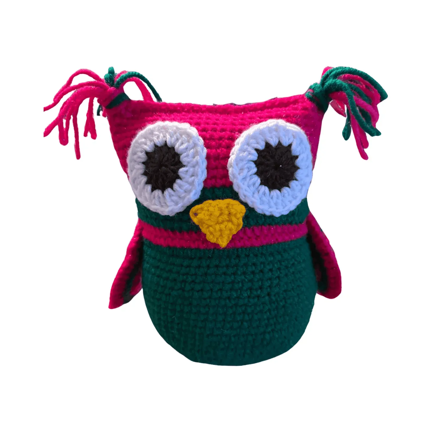 Crocheted owl toy with pink head and green body on a white background