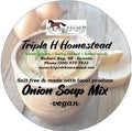Triple H Homestead onion soup mix label with a spoonful of mix and branding details.