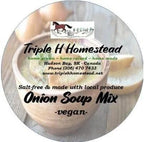 Triple H Homestead onion soup mix label with a spoonful of mix and branding details.