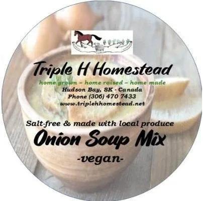 Triple H Homestead onion soup mix label with a spoonful of mix and branding details.