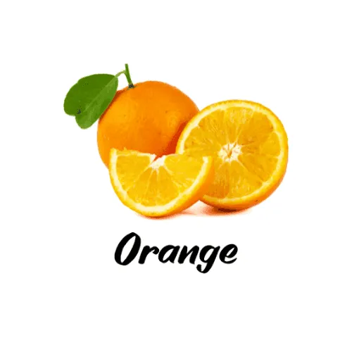 Two oranges, one whole and one sliced, with the word 'Orange' written below on a white background.