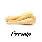 Three parsnips on a white background with the word 'Parsnip' below them.