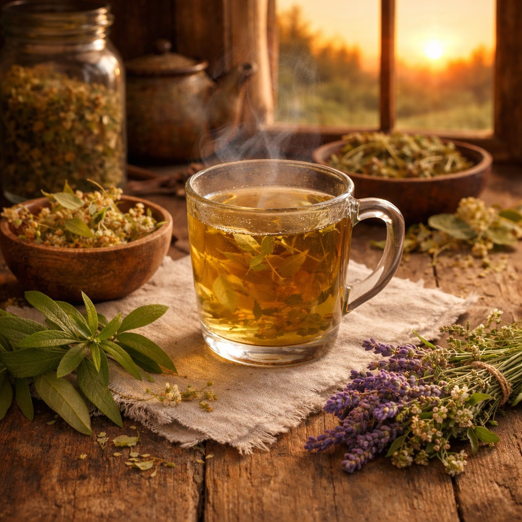 Steaming mug of herbal peacful evening tea on a wooden table with natural elements and sunset in the background