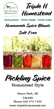 Advertisement for Triple H Homestead with jars of pickling spice and contact information.