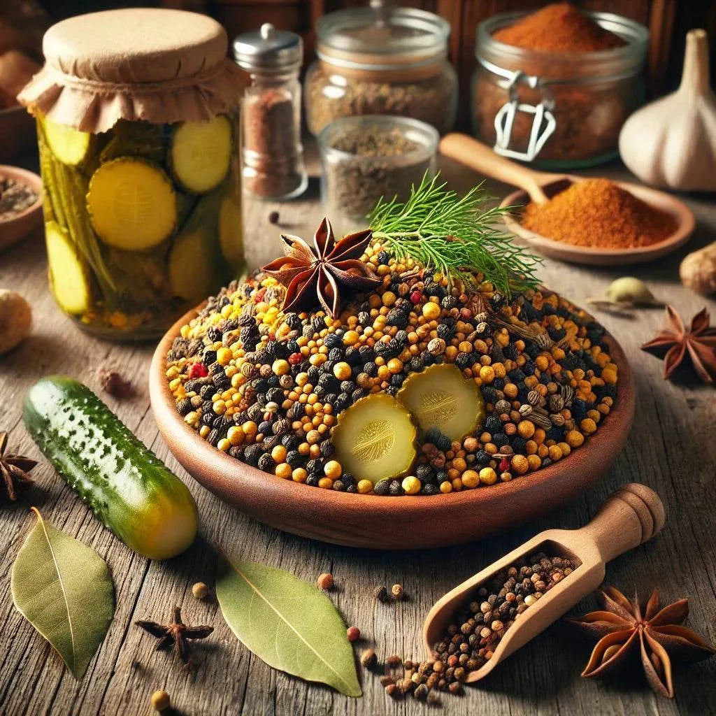 Spices and pickles on a wooden table with jars and ingredients in the background