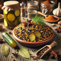 Spices and pickles on a wooden table with jars and ingredients in the background