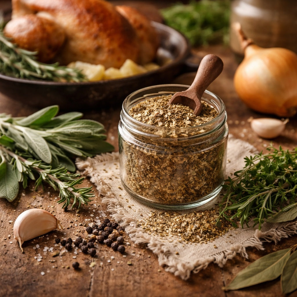 Jar of Poultry Seasoning with a wooden spoon on a wooden surface with a raosted chicken and fresh herbs and spices.