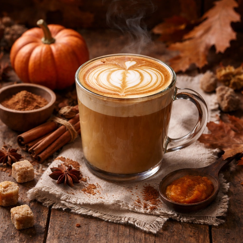 Steaming pumpkin pie latte with decorative foam on a wooden surface with autumn elements.