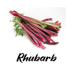 Bunch of rhubarb on a white background with 'Rhubarb' text below.