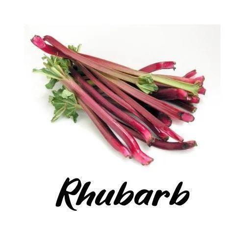Bunch of rhubarb on a white background with 'Rhubarb' text below.