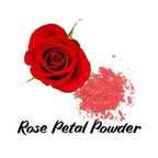Red rose and pink blush powder with 'Rose Petal Powder' text on a white background