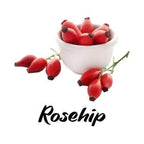 Rosehips in a white bowl with 'Rosehip' text on a white background