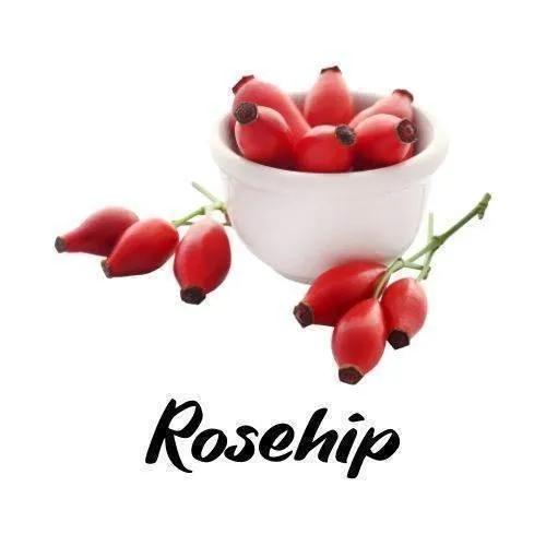 Rosehips in a white bowl with 'Rosehip' text on a white background
