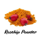Rosehip powder with fresh rosehips on a white background, labeled 'Rosehip Powder'.