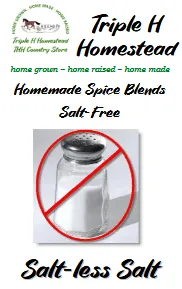 Advertisement for Triple H Homestead's salt-free spice blend with a jar of salt and a red circle over it.