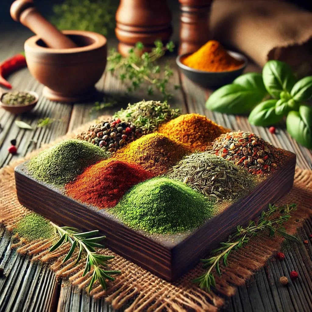 Assorted spices on a wooden board with herbs on a rustic wooden table.