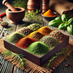 Assorted spices on a wooden board with herbs on a rustic wooden table.
