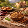 Wooden bowl of Santa Fe spice blend with a wooden spoon, surrounded by various spices and herbs and a dish on a rustic wooden table with a scenic background.