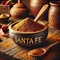 Bowl of Santa Fe spice blend with a wooden spoon on a rustic wooden surface.