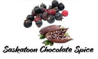 Saskatoon berries and chocolate spice with 'Saskatoon Chocolate Spice' text on a white background