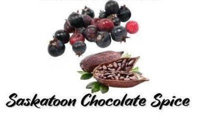 Saskatoon berries and chocolate spice with 'Saskatoon Chocolate Spice' text on a white background