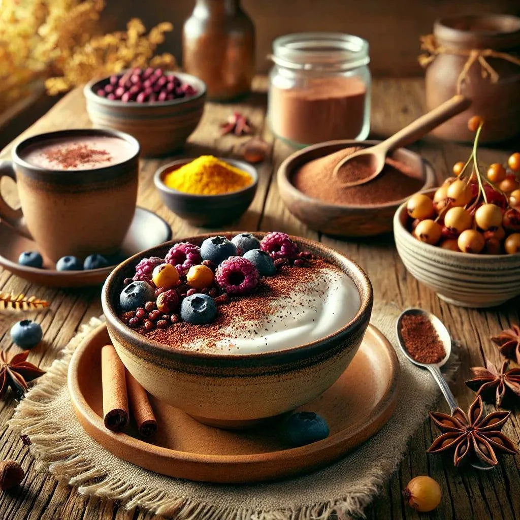 Bowl of yogurt with berries and spices on a wooden table with various ingredients and utensils.