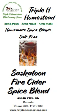 Advertisement for Triple H Homestead Saskatoon Fire Cider Spice Blend with text and image of a pot on fire.