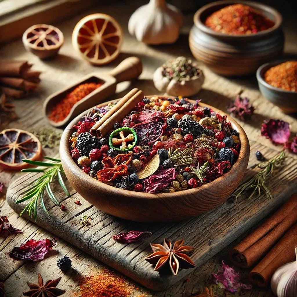 Wooden bowl filled with a variety of colorful dried herbs and spices on a wooden surface.