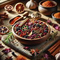 Wooden bowl filled with a variety of colorful dried herbs and spices on a wooden surface.