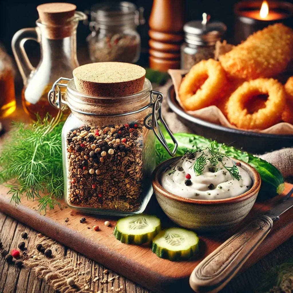 Spice jar on a wooden board with pickles, dip, and onion rings in the background