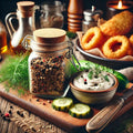 Spice jar on a wooden board with pickles, dip, and onion rings in the background