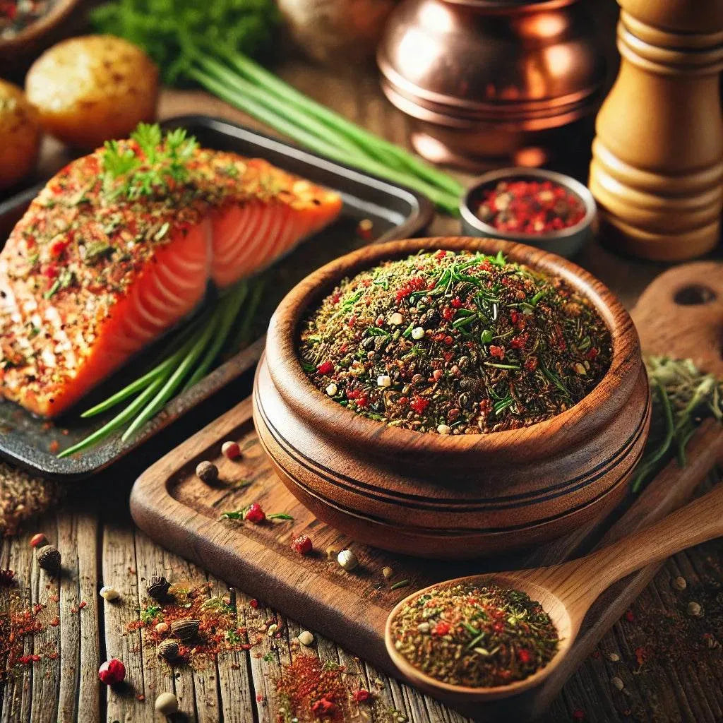 Wooden bowl with mixed herbs and spices on a wooden surface with a plate of salmon and green onions.