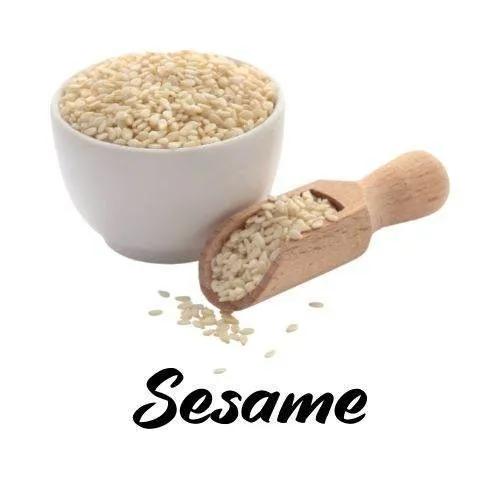 Sesame seeds in a white bowl with a wooden scoop on a white background, labeled 'Sesame'.