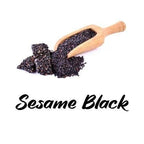 Black sesame seeds in a wooden scoop on a white background with 'Sesame Black' text.