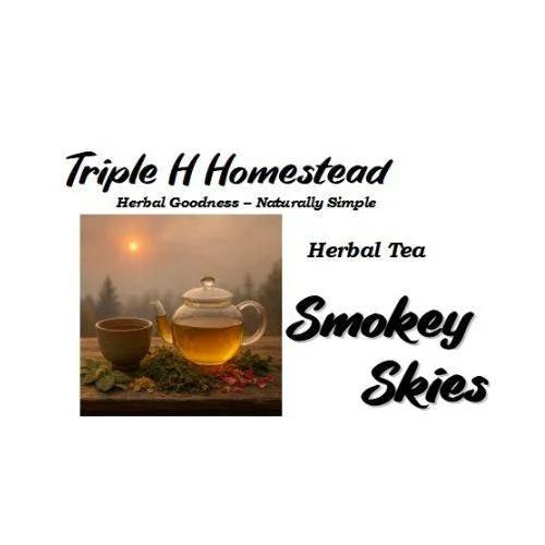 Tea pot and cup with 'Triple H Homestead' text on a foggy forest background